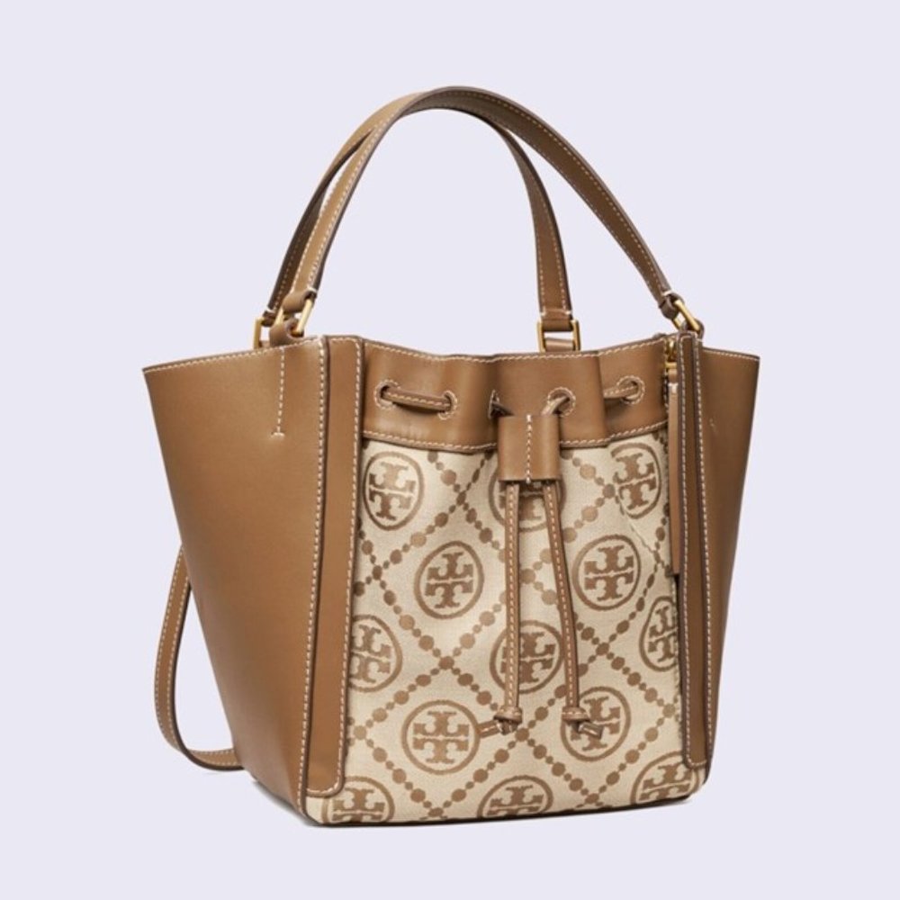 Tory Burch Mcgraw Monogram Jacquard Drawstring Satchel- Hazelnut